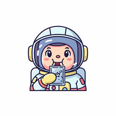 Cute cartoon astronaut character eating space food from a packet wearing a white and blue suit with a clear visor.