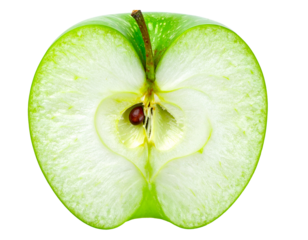 Half green apple cross section with seed and stem, crisp white flesh, macro detail on isolated background