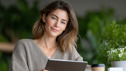 Fototapeta premium Productive home office setup showing female entrepreneur at desk with tablet, laptop, stationery, and coffee in a naturally lit room, blending creativity, independence, and professionalism