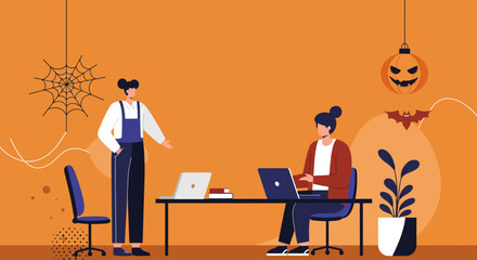 Two women working and collaborating in a modern office decorated for Halloween, combining festive spirit with business productivity.
