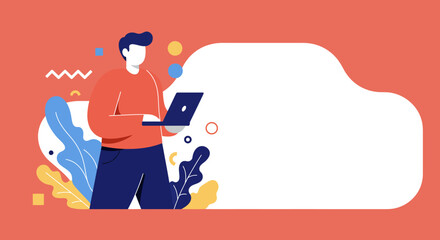 Modern man working on laptop in a vibrant, abstract setting. Ideal for themes of digital work, online education, and technology concepts.