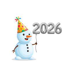 Cheerful Snowman in Party Hat Holding 2026 Balloon