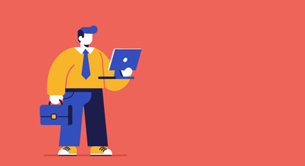 Modern flat illustration of a professional man with a laptop and briefcase, symbolizing business, technology, and a connected lifestyle.