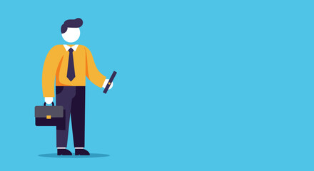 Professional flat design illustration of a businessman holding a smartphone and briefcase, symbolizing modern communication, career, and technology use.