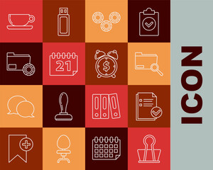 Set line Binder clip, Document and check mark, Search concept with folder, Gear, Calendar, Folder settings gears, Coffee cup flat and Alarm clock dollar symbol icon. Vector