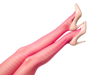 Woman s legs wearing pink fishnet stockings and high heels isolated on transparent background