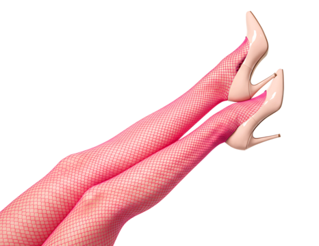 Woman s legs wearing pink fishnet stockings and high heels isolated on transparent background - Powered by Adobe
