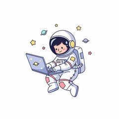 Cute cartoon astronaut in a white spacesuit with yellow headphones floating while working on a laptop.