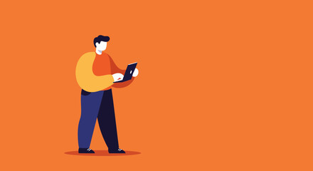 Stylized person using a laptop on an orange background. Ideal for remote work, online learning, digital communication, and business technology concepts.