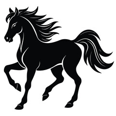 Black silhouette of a powerful horse in motion white background
