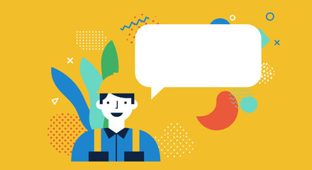 Smiling construction worker or engineer in hard hat with a blank speech bubble for your message, set against a vibrant abstract background. Ideal for business communication or industry announcements.