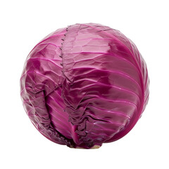 A red cabbage shows vibrant texture and color against a isolated background, displaying its tightly packed leaves.