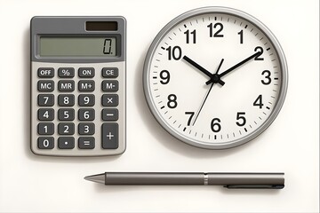 A composition of a calculator, wall clock, and pen on a white surface. Ideal for illustrating themes related to time management, office work, productivity, or financial calculations.