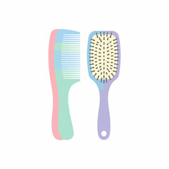 Pastel pink blue green comb and purple paddle brush hair care tools vector illustration.
