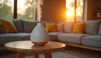Modern ultrasonic essential oil diffuser emits steam on wooden table. Soft light from setting sun streams through windows illuminating grey sectional sofa with yellow pillows. Creates relaxing