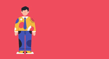 Modern flat design illustration of a male character in a stylish, colorful shirt and tie on a vibrant red background. Ideal for business concepts, individuality, or creative projects.