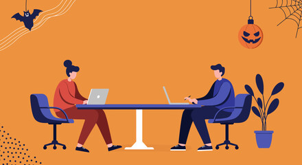 Colleagues collaborate on laptops in a modern office space, featuring festive Halloween decorations. Perfect for seasonal business, remote work, and holiday productivity concepts.
