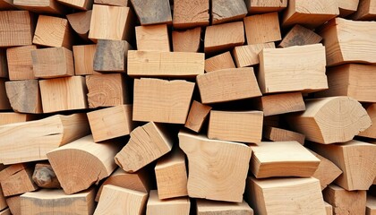 Close-up of stacked and scattered natural wood blocks, showing varied grain and texture,  carpentry,  minimalist