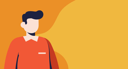 Stylized flat design illustration of a man in a red shirt against a vibrant orange and yellow background. Ideal for business, technology, or profile concepts.