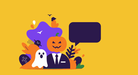 Vibrant Halloween vector illustration with a pumpkin-headed character, ghost, and spooky elements on a yellow background, ideal for custom text.