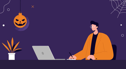 Professional man working on laptop at his desk, creatively blending work with festive Halloween decorations in his home office.