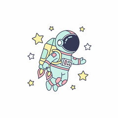 Cartoon Astronaut Floating in Space with Jetpack and Stars Whimsical Illustration.
