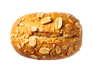 Peanut and oat topped bread roll with crunchy seeds, rustic golden crust and split center showing soft crumb on isolated background