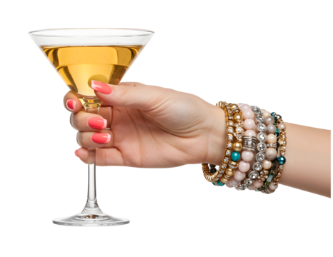 Woman s hand holding a martini glass with champagne isolated on transparent background