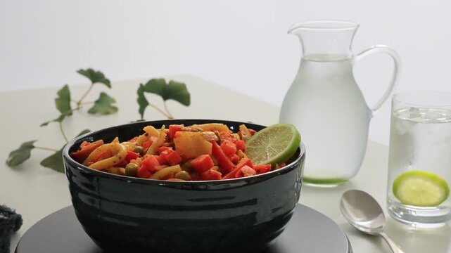 Rotierende asiatische Nudel-Bowl mit frischen Zutaten in Ultra HD