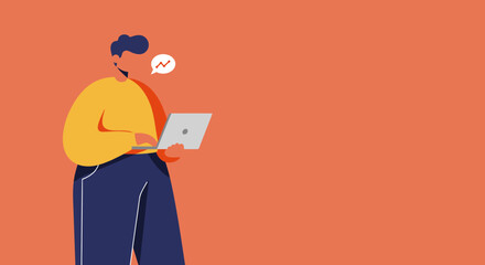 Modern man uses laptop, analyzing data with a dynamic graph, ideal for business, technology, and online communication concepts.