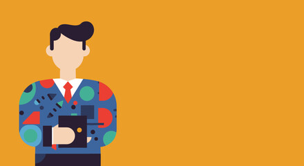 Stylish flat design illustration of a professional man holding a tablet, ideal for business, technology, or creative concepts with copy space.