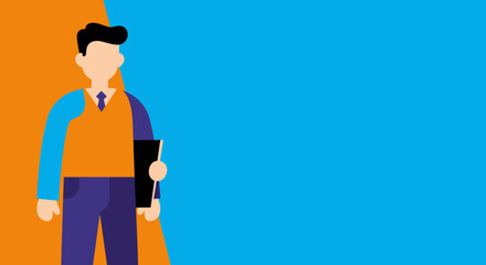 Professional male character holding a folder against a vibrant orange and blue background, ideal for business, education, or corporate communication concepts with copy space.