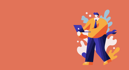 Obraz premium Modern illustration of a businessman using a laptop with a wrench, symbolizing digital problem-solving, technical support, online services, and IT solutions for business.