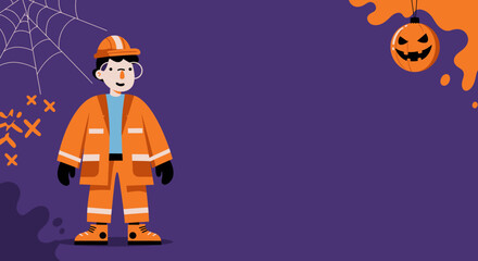 Cheerful cartoon character in a safety uniform against a Halloween background with a glowing jack-o'-lantern and spiderweb. Great for themed safety or holiday content.