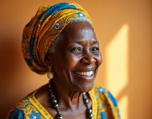 Obraz premium Portrait of happy elderly Black woman in vibrant traditional African dress, headwrap. Smiling warmly, face shows wisdom, joy, cultural pride. Soft indoor lighting enhances beautiful features, unique