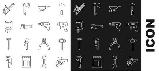 Set line Leaf garden blower, Sledgehammer, Electric drill machine, Wheelbarrow, Hand saw, Clamp screw tool, Chainsaw and hot glue gun icon. Vector