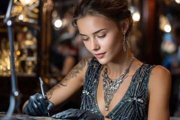 Elegant woman creating fine jewelry in a vintage workshop during the evening
