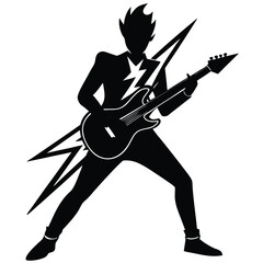 Fototapeta premium Black silhouette of a rock guitarist playing electric guitar with lightning bolt