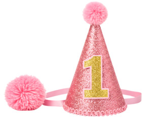 Pink birthday party hat with number one isolated on transparent background