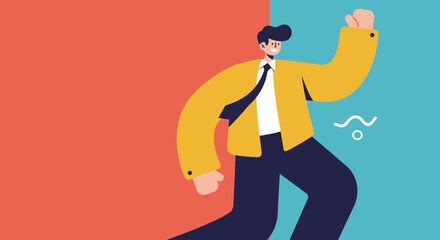 Confident and energetic young businessman celebrating success with a vibrant, modern flat design illustration. Ideal for business, motivation, or lifestyle themes.