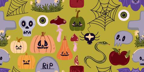 Seamless pattern of cute Halloween elements in cartoon style: pumpkins, skulls, candles, cauldron, witch hat, spider web and other holiday attributes