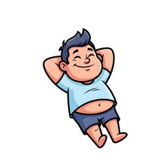 Obraz premium A cartoon illustration of a happy, smiling, overweight man with his hands behind his head, wearing a blue t-shirt and blue shorts, standing in a white room with a white background.