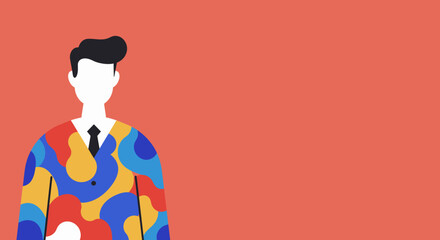 Stylized man in a vibrant, colorful patterned suit stands against a solid coral background with copy space. Represents individuality and creativity in business or fashion.