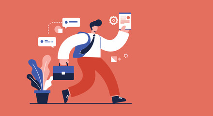 Businessman walking confidently with a briefcase and document, surrounded by communication and work-related elements. Ideal for concepts of productivity, success, and digital business.