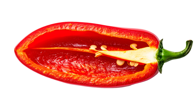 Red chili pepper half lengthwise with few seeds, glossy flesh and green stem on isolated background