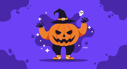 A fun, spooky Halloween pumpkin character wearing a witch hat on a vibrant purple background with ghosts and stars. Perfect for holiday promotions, party invitations, or seasonal greetings. © Vector Market
