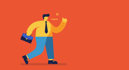 Stressed businessman rushing with briefcase on an orange background, symbolizing work pressure, urgency, and the demands of modern professional life.