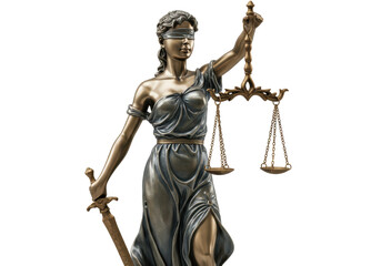 Obraz premium Isolated bronze statue of blindfolded Lady Justice holding scales and sword symbol