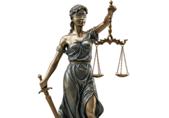 Isolated bronze statue of blindfolded Lady Justice holding scales and sword symbol