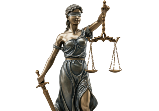 Isolated bronze statue of blindfolded Lady Justice holding scales and sword symbol